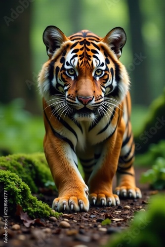 Tiger's large right forepaw on forest floor, forest, vector illustration, tiger