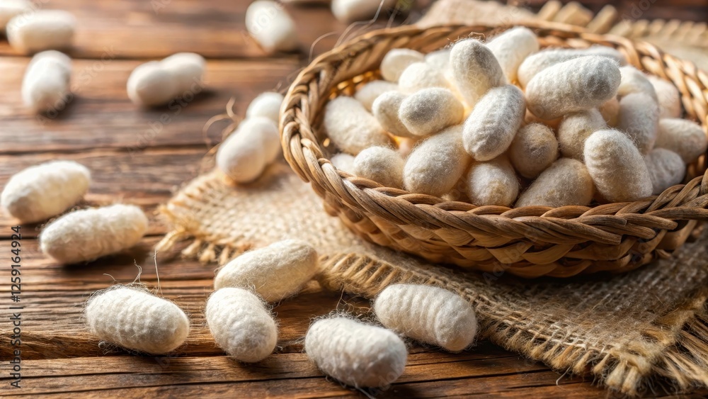 Closeup of organic silkworm cocoons on a wooden surface , earthy tone, natural fiber, earthy tone Closeup of organic silkworm cocoons on a wooden surface , earthy tone, natural fiber, earthy tone