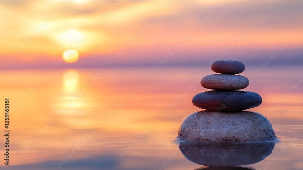 Stack of Tranquil Smooth Stones by the Water during a Beautiful Sunset : Generative AI Stack of Tranquil Smooth Stones by the Water during a Beautiful Sunset : Generative AI