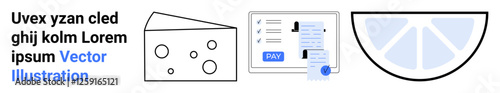 Cheese wedge with holes, payment form and button, citrus slice. Ideal for food and drink, finance, e-commerce, web apps, health, minimalism abstract line flat metaphor
