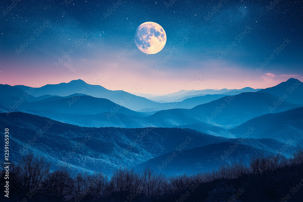 breathtaking view of starry sky with large moon illuminating serene mountain landscape. tranquil blue hues create peaceful atmosphere, perfect for nature lovers breathtaking view of starry sky with large moon illuminating serene mountain landscape. tranquil blue hues create peaceful atmosphere, perfect for nature lovers