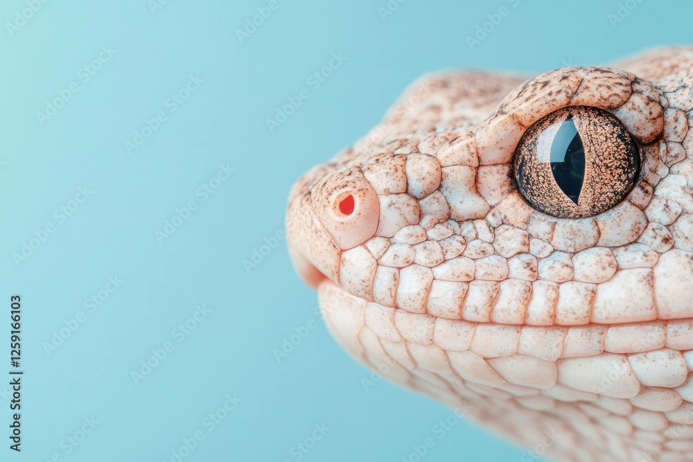 Fototapeta premium Close up of a unique reptile with intricate scales and a captivating eye, showcasing its stunning features against a soft blue background