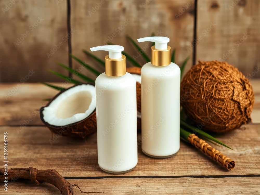 Two White Pump Bottles of Coconut Cream on Wooden Surface Two White Pump Bottles of Coconut Cream on Wooden Surface