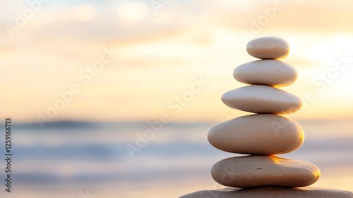 A serene stack of smooth stones symbolizing balance and tranquility at sunset by the beach : Generative AI