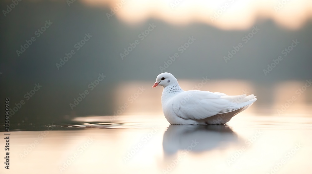 Serene image of a white bird swimming calmly in the reflective waters during golden hour : Generative AI Serene image of a white bird swimming calmly in the reflective waters during golden hour : Generative AI