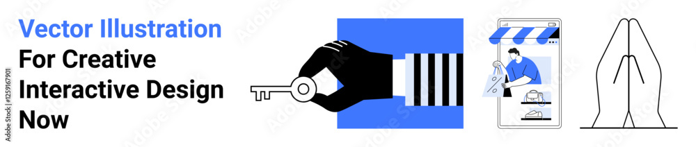 Bold hand holds a key, mobile storefront displays a service interaction, hands in a prayer gesture. Ideal for security, e-commerce, service, technology, faith, minimal design concepts flat landing Bold hand holds a key, mobile storefront displays a service interaction, hands in a prayer gesture. Ideal for security, e-commerce, service, technology, faith, minimal design concepts flat landing