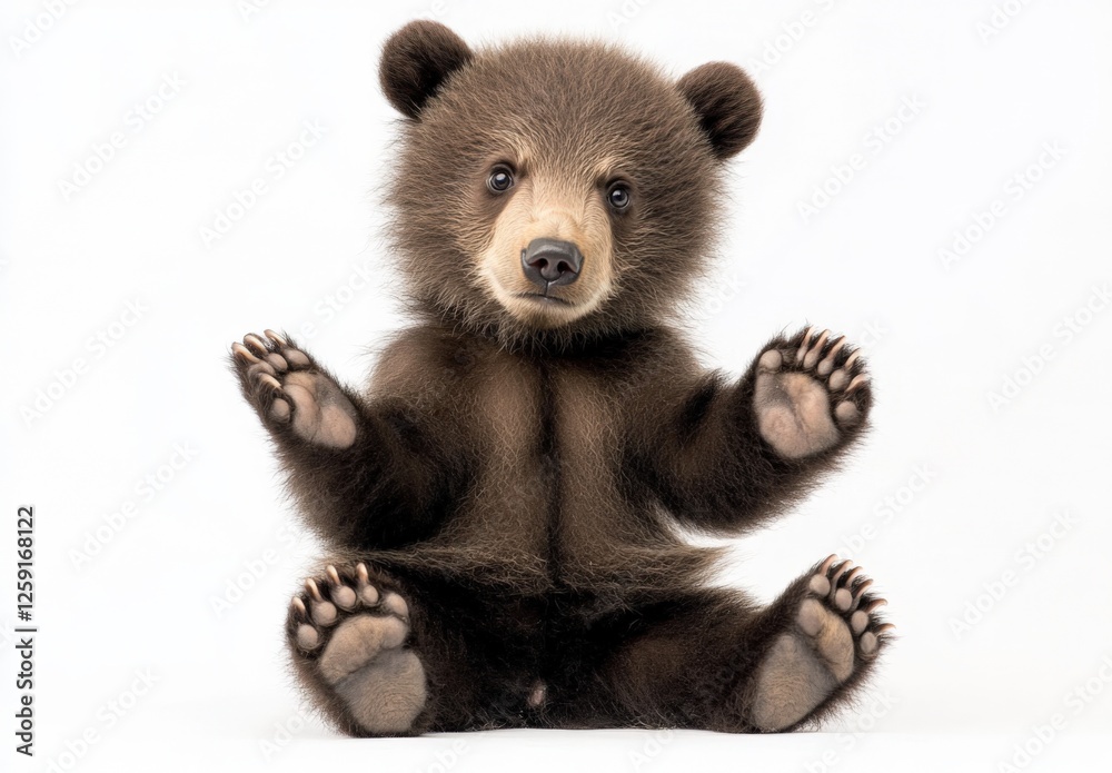 An adorable brown bear cub poses with its paws extended against a pristine white background, capturing the essence of youthful innocence and charm in wildlife photography An adorable brown bear cub poses with its paws extended against a pristine white background, capturing the essence of youthful innocence and charm in wildlife photography