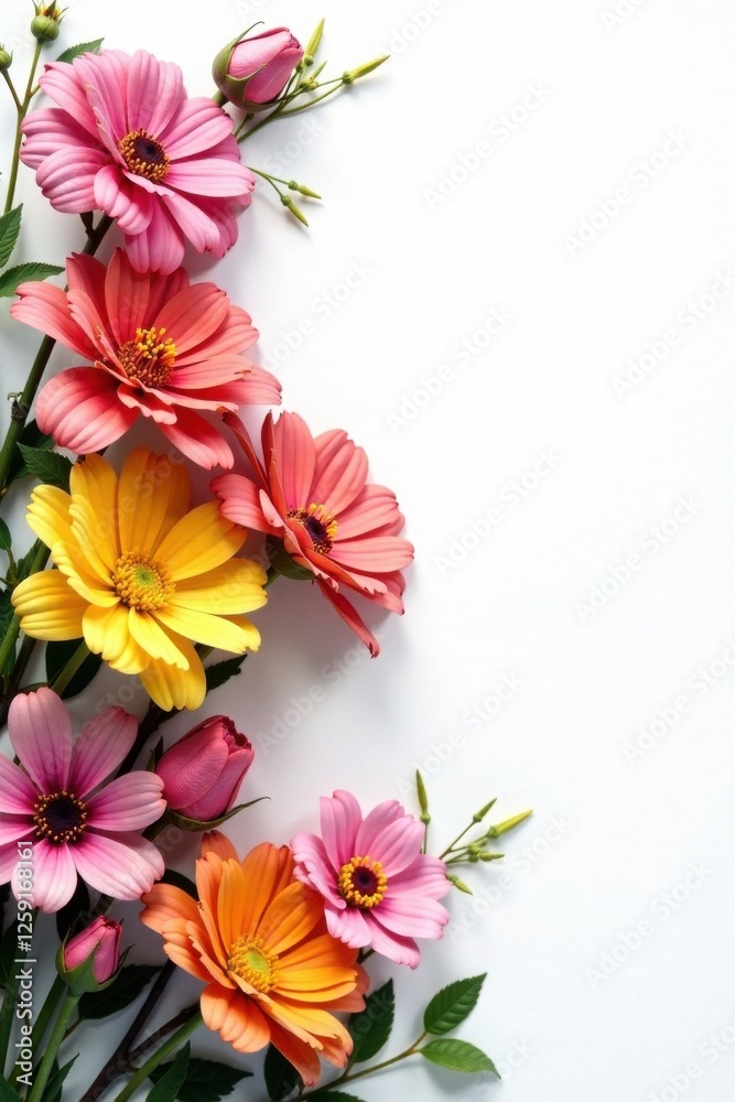 Obraz premium Vibrant flowers arrangement on white background, colorful, flowers, floral