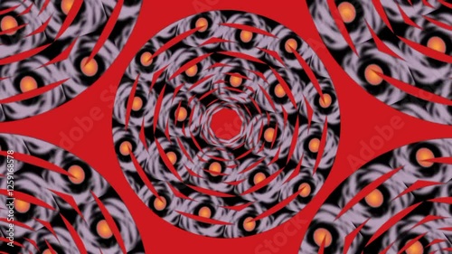 red background, with an elegant moving circle pattern