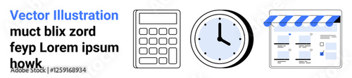 Calculator, round clock, and browser with blue awning. Ideal for finance, time management, productivity, online business, e-commerce scheduling planning. Landing page