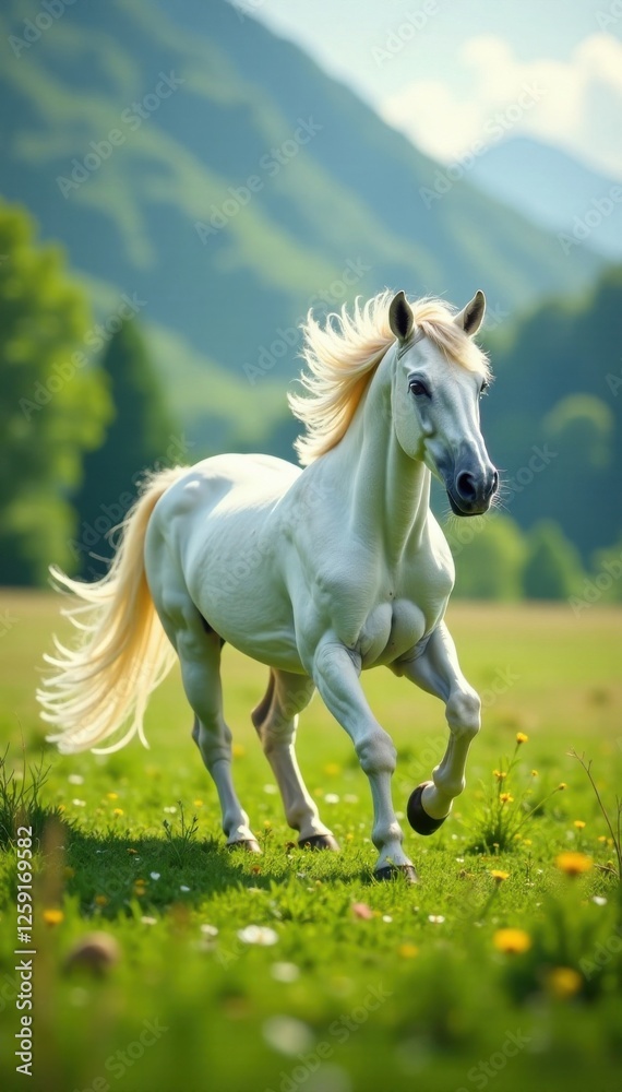 Obraz premium Unicorn Mare prancing in a lush meadow, mane flowing in the wind, meadow, nature, green