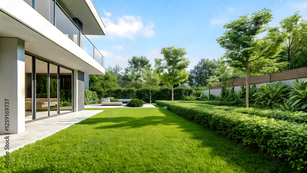 Fototapeta premium Modern house backyard lawn architecture outdoors