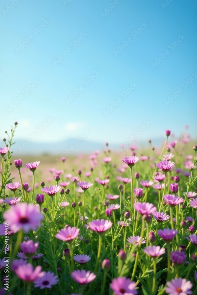 A carpet of delicate purple and pink wildflowers under a clear blue sky, peaceful scene, serene landscape, clear blue sky A carpet of delicate purple and pink wildflowers under a clear blue sky, peaceful scene, serene landscape, clear blue sky