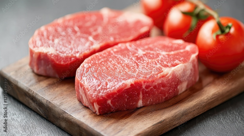 Raw steaks, tomatoes, wooden board, dark background, food photography