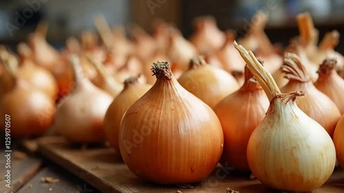 Fresh whole onions with golden skin isolated on a table