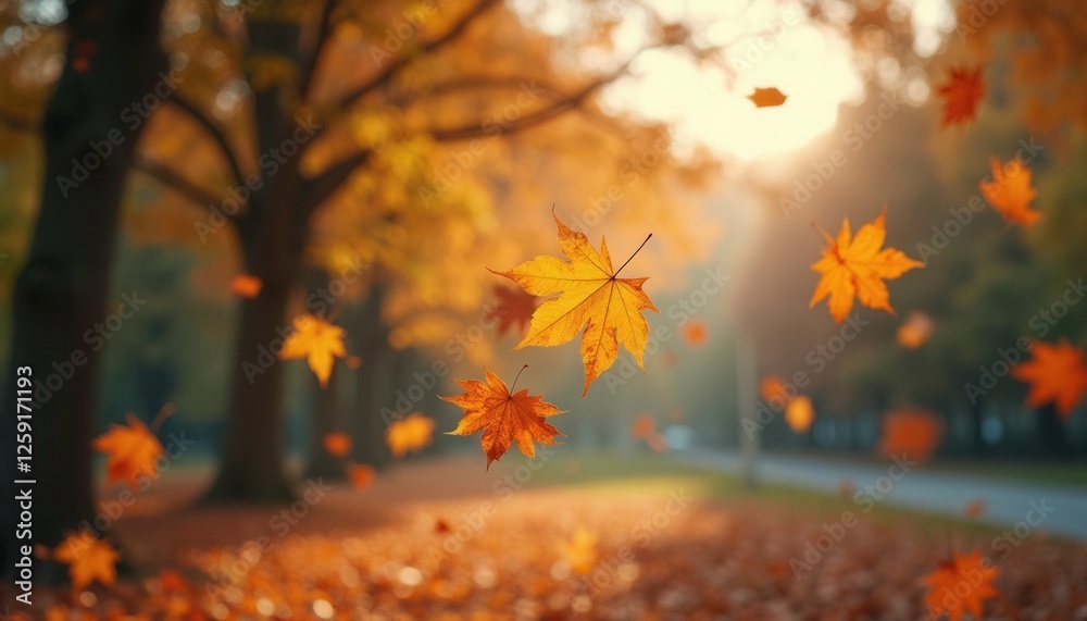 Falling Autumn Leaves in a Park with Golden Sunlight and Trees Falling Autumn Leaves in a Park with Golden Sunlight and Trees