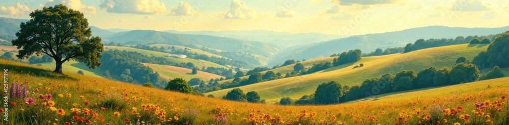 Fototapeta premium Vintage-style postcard with a scenic landscape of rolling hills and trees, tree, nature, rolling hills