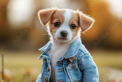 Cute puppy wearing a denim jacket, gazing playfully in a sunlit outdoor setting photo