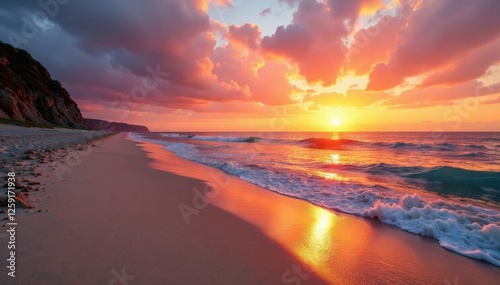 Warm sandy beach at sunset, ocean waves, sandy, sunset