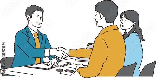 商談成立で握手をする夫婦のシンプルイラスト