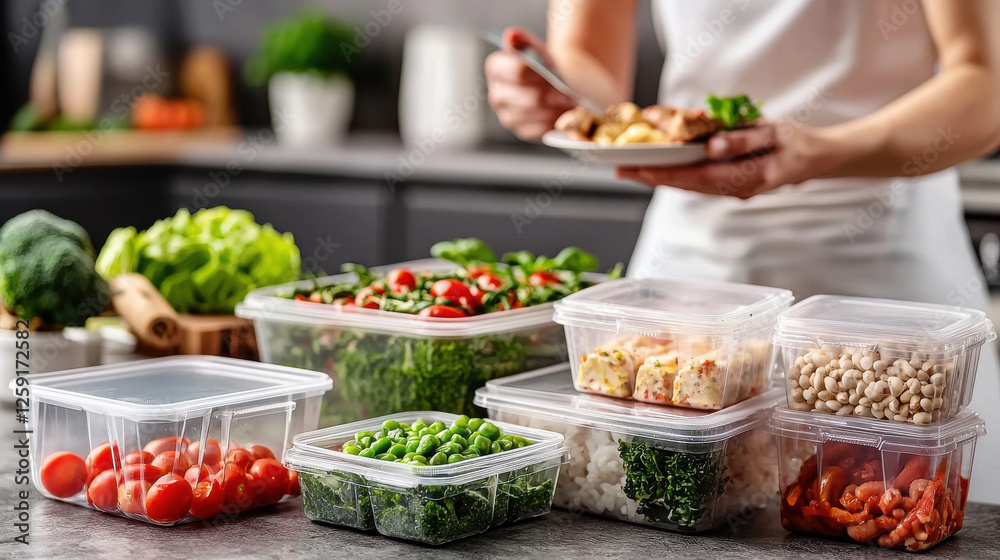 Organized kitchen with labeled storage containers for meal prep and fresh ingredients Organized kitchen with labeled storage containers for meal prep and fresh ingredients