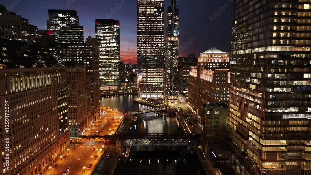 Chicago Skyline At Chicago Illinois United States. Aerial View Of Rooftop Skyscraper In Landmark Downtown. Sunset Sky Downtown Cityscape. Sunset Outside Downtown. Chicago Illinois.