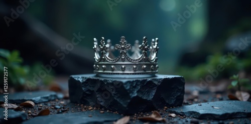 Silver coronet rests on a black stone pedestal, mystical, dark