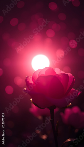 Web banner sfondo rosa pastello con sole raggiante, stelle luminose e bokeh colorate, dramatic atmosphere. with white shades