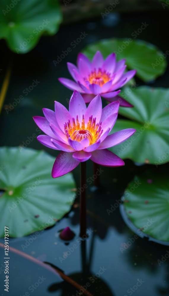 Vibrant purple lotus blooms in shallow water pool, lotus, flowers, aquatic Vibrant purple lotus blooms in shallow water pool, lotus, flowers, aquatic