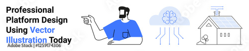 Person gesturing towards AI brain icon and house with solar panels, emphasizing technology, energy, and professional insight. Ideal for AI systems, renewable resources, innovation, education, tech