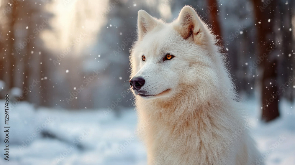 Obraz premium majestic white dog stands snowy forest, showcasing its fluffy fur and bright eyes. serene winter landscape adds to beauty of