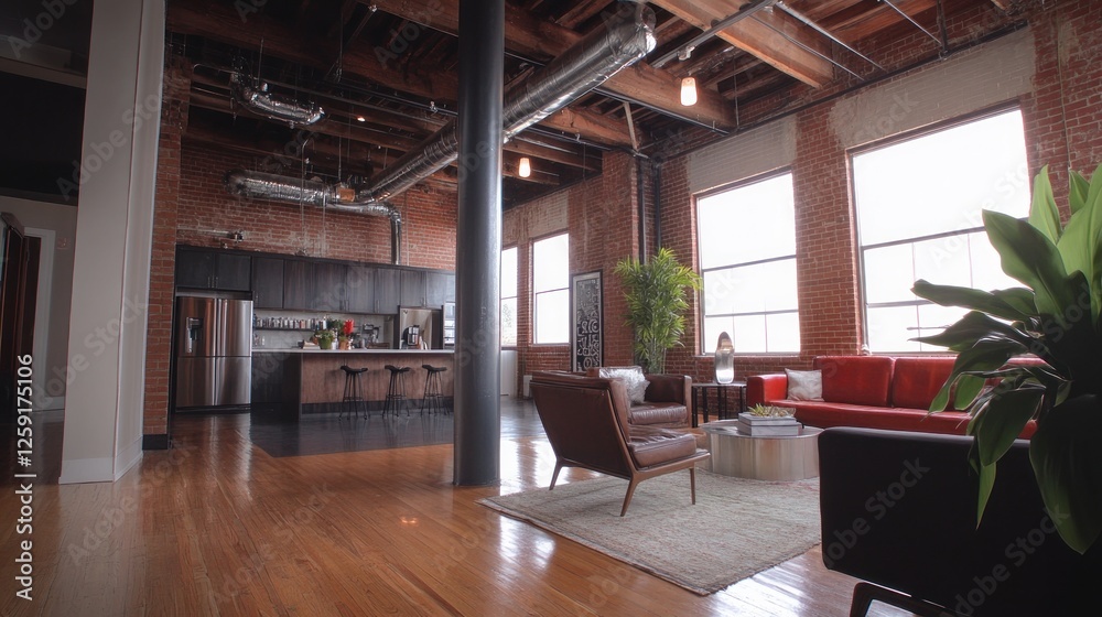 Fototapeta premium Spacious loft apartment with exposed brick walls, hardwood floors, and modern kitchen.