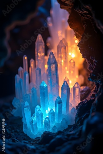 Glowing Crystals in a Dark Cave, Mystical Fantasy Minerals
