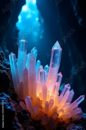 Glowing Crystals in a Dark Cave, Mystical Fantasy Minerals

