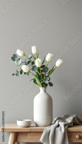 Elegant white tulips in a minimalist vase on a wooden table celebrating spring equinox day with peace and serenity