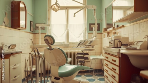 A nostalgic view of a vintage dental clinic featuring retro dental chairs, classic medical equipment, and warm lighting, evoking a sense of history and professionalism. AI generated.