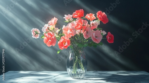 Wallpaper Mural Elegant glass vase with vibrant pink and red flowers on marble table with sunlight beams, celebrating spring equinox day concept Torontodigital.ca