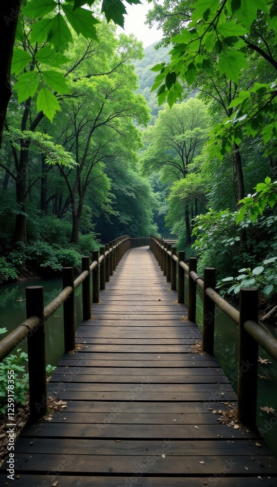 Obraz premium Weathered wooden bridge spanning a murky river in the midst of a dense forest, darkness, greens, wooden bridge