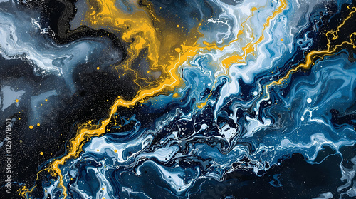 Fluid Blue and Gold Swirl Pattern - Abstract Marble Design with Metallic Accents