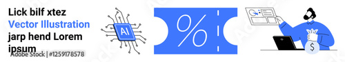 AI-powered chip, percentage discount on ticket, financial analyst reviewing data and charts. Ideal for AI, technology, finance, marketing, discounts innovation and automation. Abstract line flat