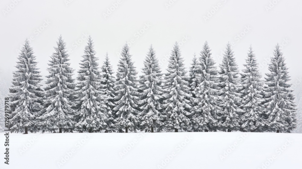 Fototapeta premium Snow covered pine trees stand in a winter scene