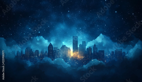 Abstract dark blue watercolor background with night sky stars and clouds, space concept banner design. Dark fantasy abstract background, night scene, sky, night landscape, dark fantasy, stars, cool co