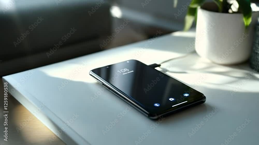 A smartphone charging on a table with a plant in the background. A smartphone charging on a table with a plant in the background.