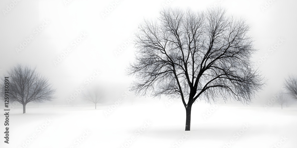 Fototapeta premium Winter landscape, snowy tree scene, black and white nature, solitary tree in snow, serene winter morning, tranquil winter view