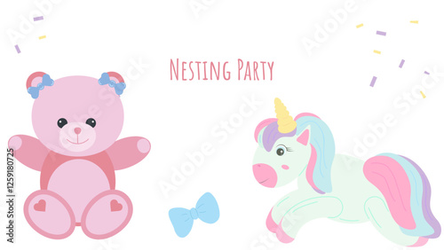 Nesting party banner honor of expectant parents. Pink bear and unicorn. Website poster design in pastel colors. Vector illustration.