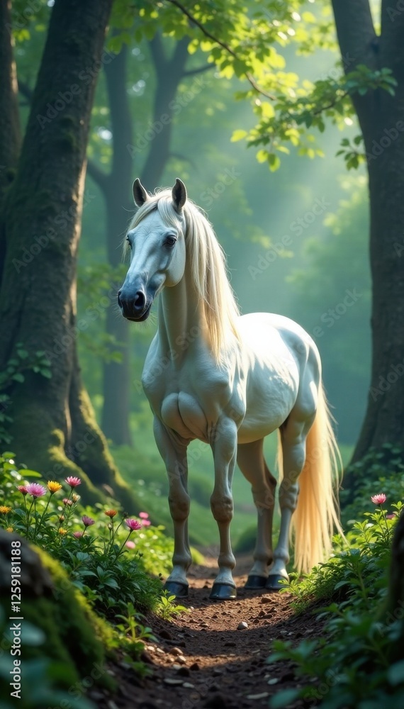 White unicorn stallion stands proudly in a mystical forest clearing, mythical animal, ancient trees, serene White unicorn stallion stands proudly in a mystical forest clearing, mythical animal, ancient trees, serene