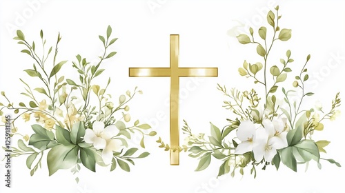  Floral cross illustration with gold and green botanical elements, religious faith concept