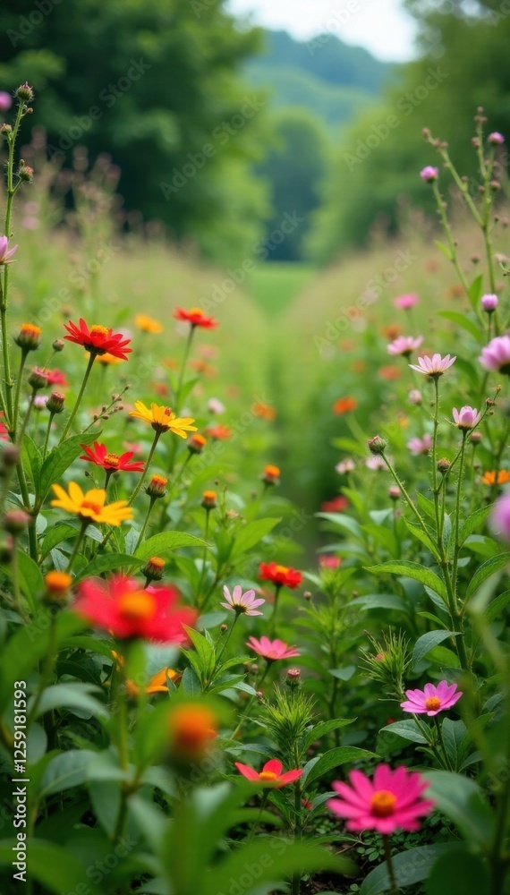 Wildflower field in overgrown meadow with vines and weeds, flowers, , wildflowers