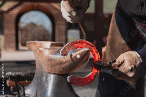 Blacksmith forging horseshoe on anvil