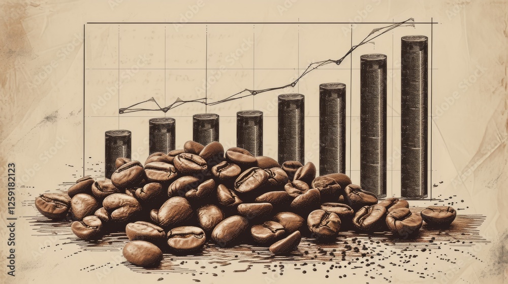 A digitally illustrated image of coffee beans in front of a vintage-style bar chart depicting market growth. The artwork blends realism with hand-drawn aesthetics, making it ideal for finance, trade